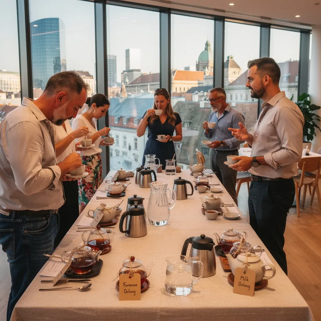 Oolong tea csészék, gőzölgő ital a naplementében.