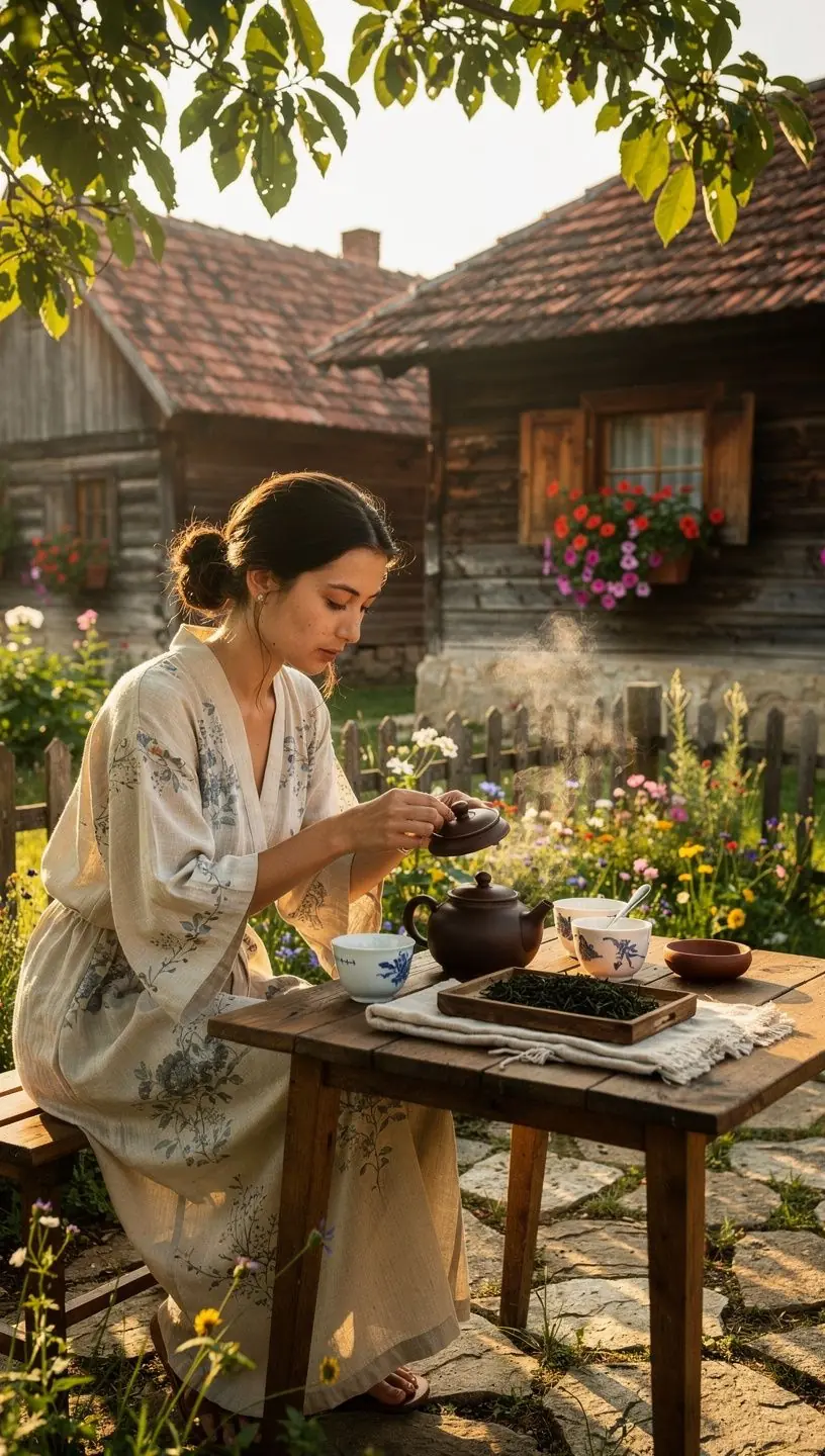 Nyugtató teaceremónia, ahol egy személy lassan önti a teát.