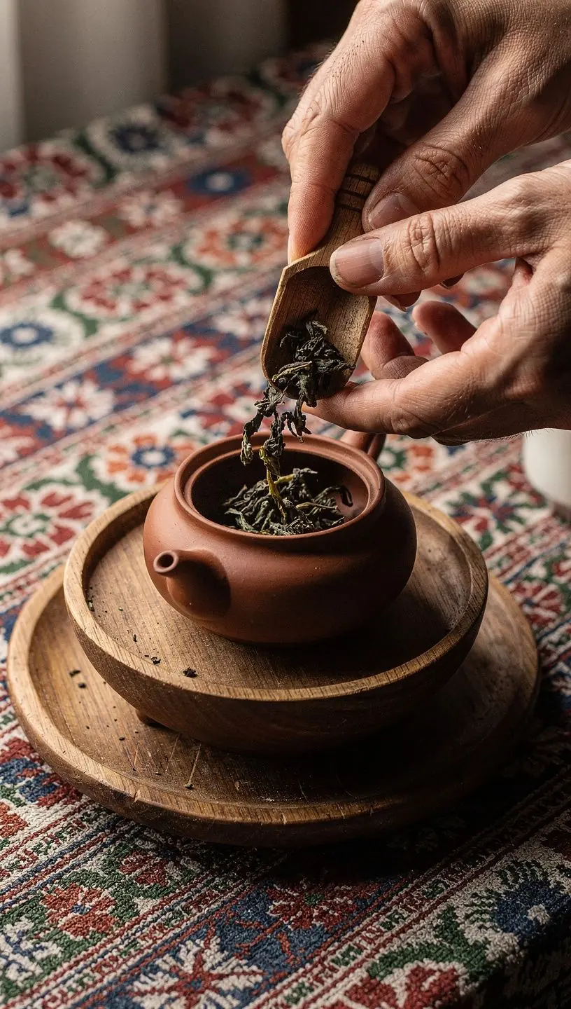 Oolong tea készítése közben használt eszközök, mint a teafőző és a szűrő.