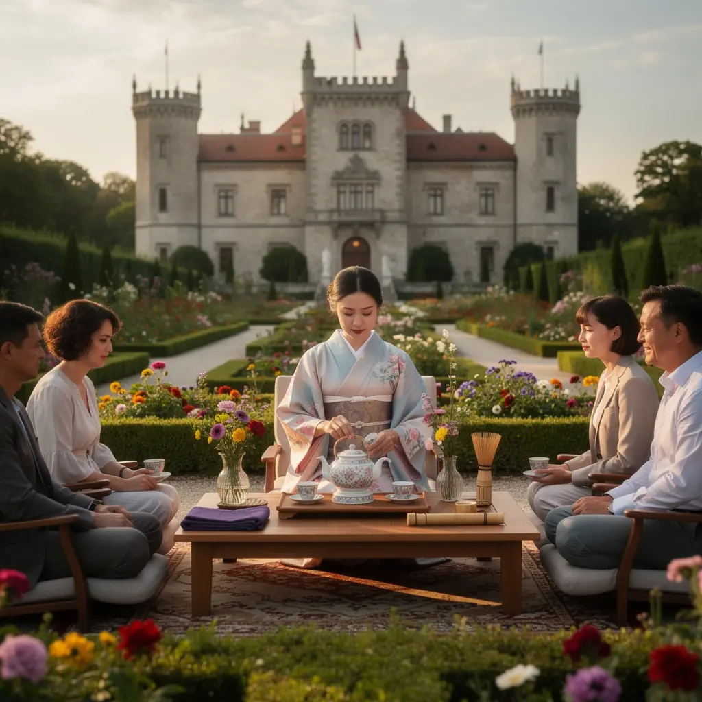 Egy nyugodt környezetben található teásasztal, gyertyákkal és virágokkal díszítve.